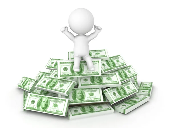 3D Character sitting on top of a pile of hundred dollar bills — Stock Photo, Image