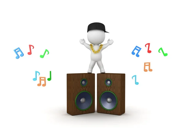 3D Character with gold chain standing on top of large speakers — Stock Photo, Image