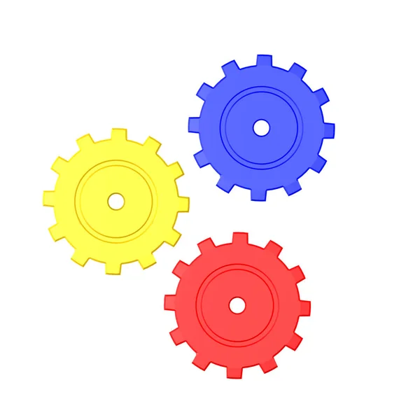 3D иллюстрация трех цветных механических шестеренок — стоковое фото