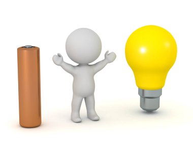 bir pil ve bir ampul ile 3D karakter