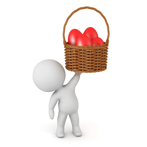 3D Character Holding Up a Wicker Basket with Easter Eggs — Stock Photo, Image