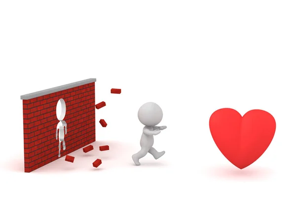 Personagem 3D Correndo através da parede para chegar ao coração — Fotografia de Stock