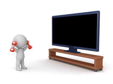 Aerobik egzersiz ağırlık ve büyük televizyon ile 3D karakter