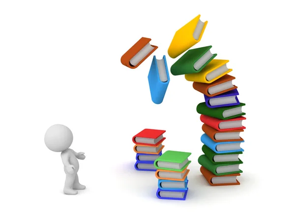 3D Character with Stacks of Books — Stock Photo, Image