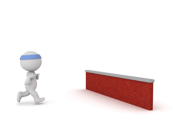 Jogging personagem 3D com uma parede de tijolo na frente — Fotografia de Stock