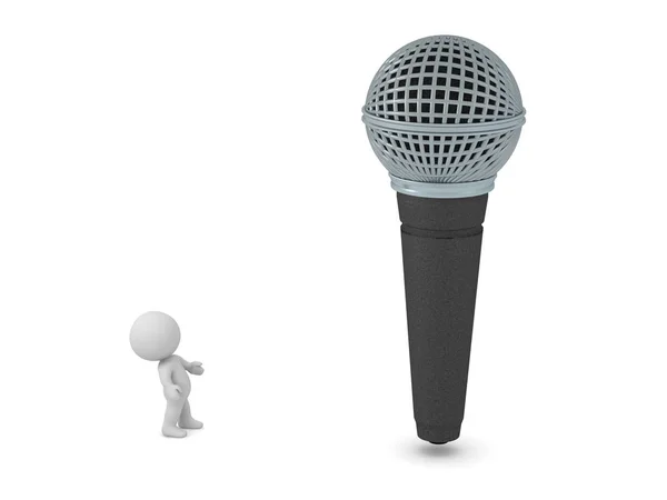 3D-Figur blickt zu einem großen Mikrofon auf — Stockfoto