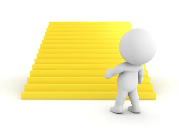 3D-Charakter mit Blick auf große goldene Treppen — Stockfoto