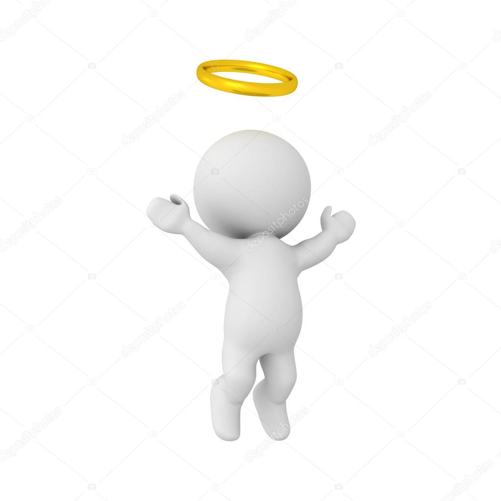 3D Character with golden halo ascending to heaven