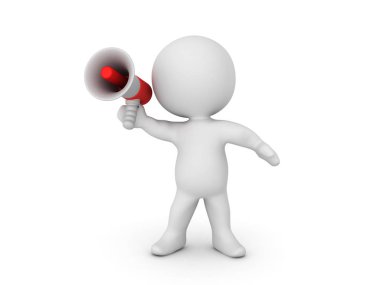 3D karakter dinamik bir poz ve megafon holding