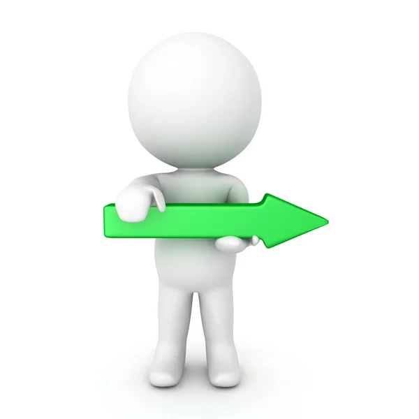 3D Character holding green arrow pointing to the right — Stock Photo, Image