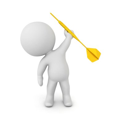 3d karakter yukarı bir altın OK veya dart holding