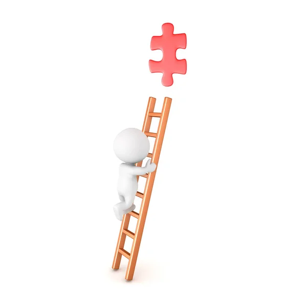 3D personaggio salire una scala e cercando di afferrare un puzzle rosso — Foto Stock