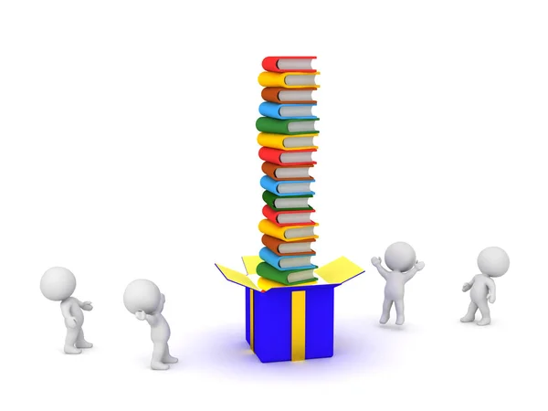 3D Characters with Gift Box and Stack of Books — Stock Photo, Image