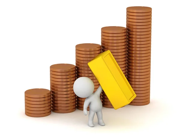 3D Character with Stacks of Coins and Gold Bar — Stock Photo, Image