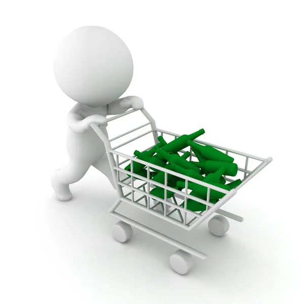 3D Character pushing shopping cart filled with alcoholic drinks — Stock Photo, Image