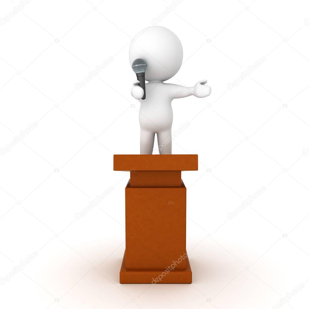 3D Character standing on top of a lectern and speaking on microp