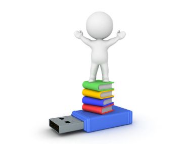 3d karakter kitap ve usb stick yığın üstüne oturuyor
