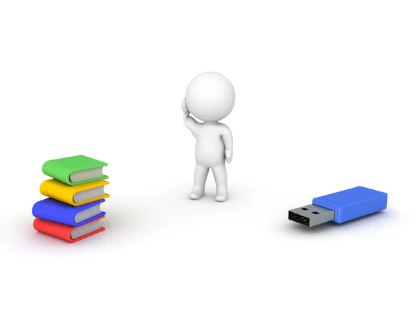 3D-Charakter versucht, zwischen Büchern und einem USB-Stick wählen — Stockfoto