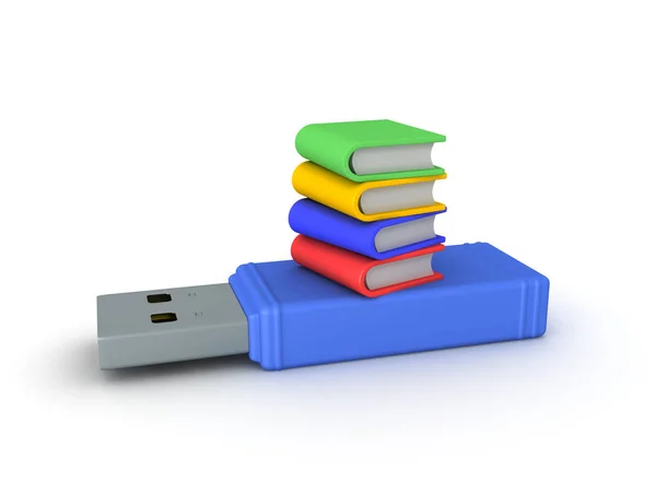 3D illustration of a stack of books on top of a giant USB stick — Stock Photo, Image
