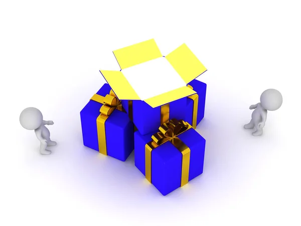 3D Characters and Open Gift Box — Stock Photo, Image