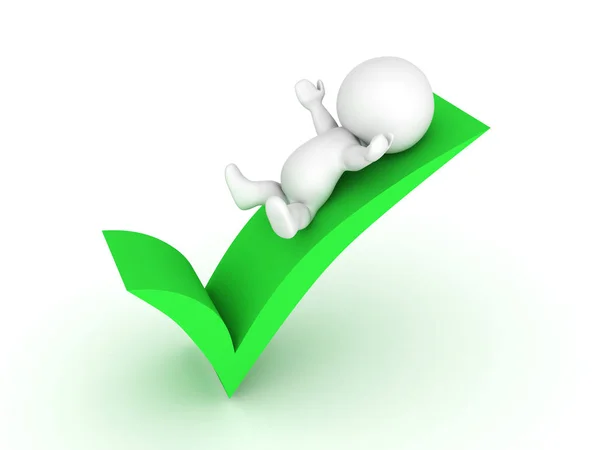 3D Character sliding down a green checkmark — Stock Photo, Image