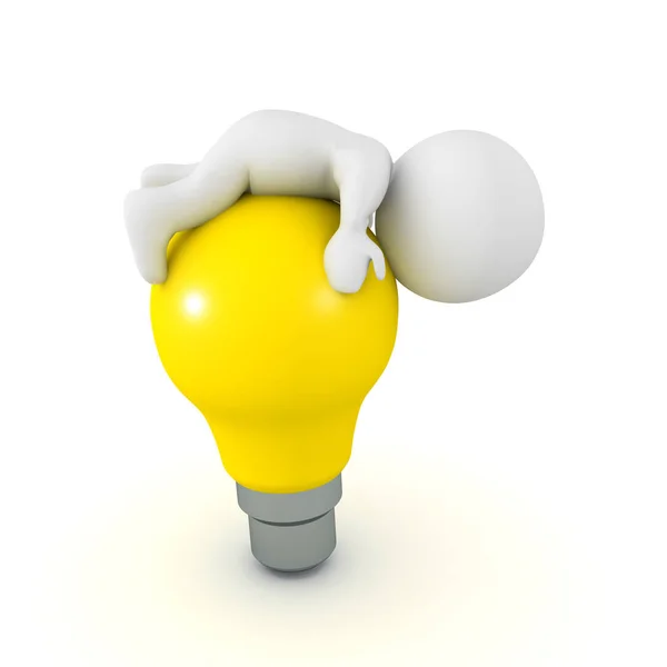 3D Character lying on top of bright yellow light bulb — Stock Photo, Image