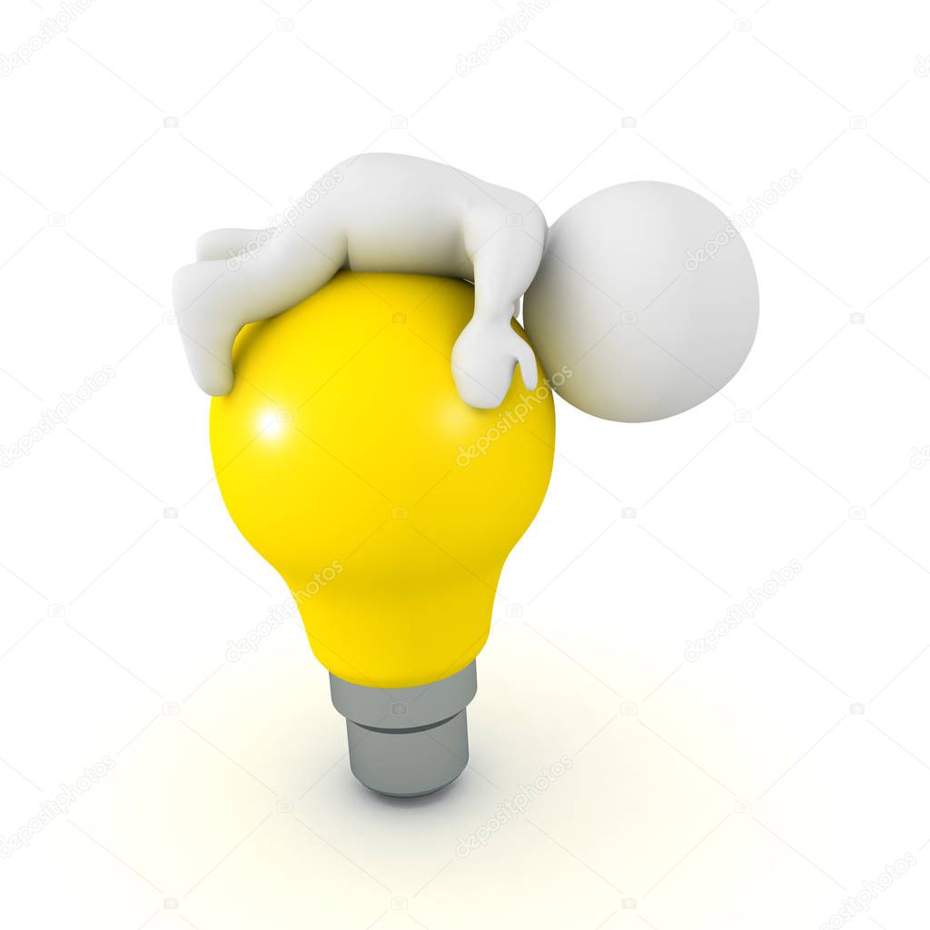 3D Character lying on top of bright yellow light bulb