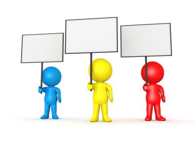 Üç renkli 3d karakterler boş işareti afişlerin holding