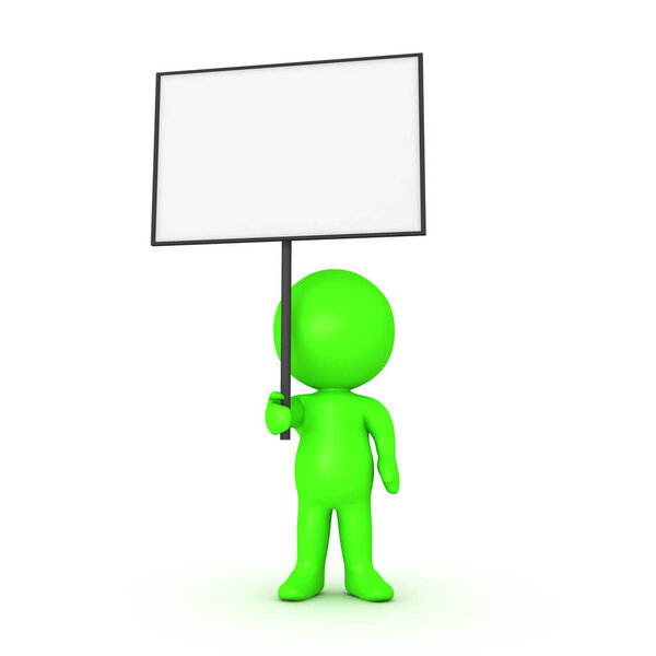 Green 3D Character holding a blank sign placard