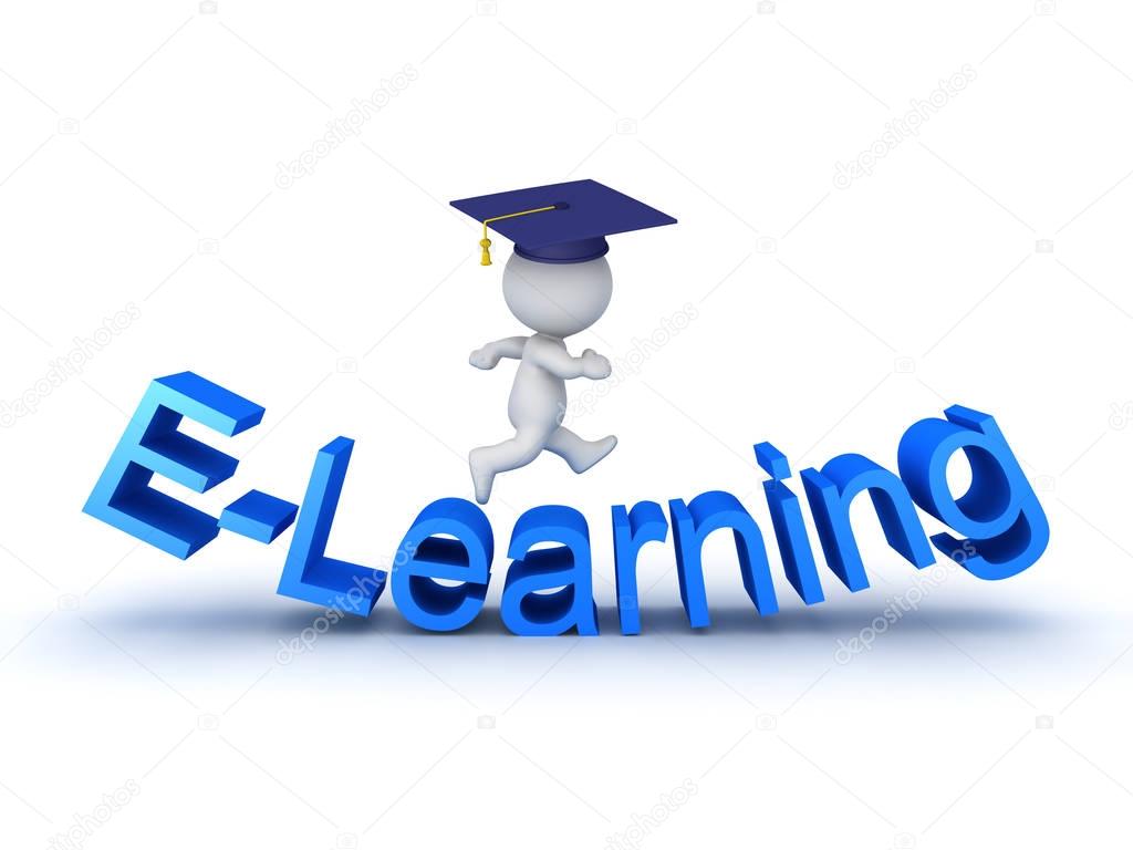 3D illustration of E-Learning sign with student above it
