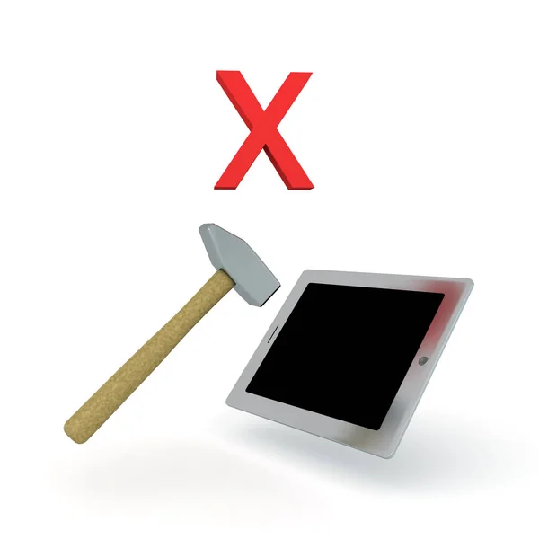 3D-Illustration von Vorschlaghammer zerschmettert Tablette mit rotem x oben — Stockfoto