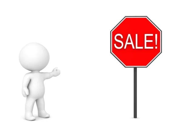 3D Character showing red sign with the text SALE — Stock Photo, Image