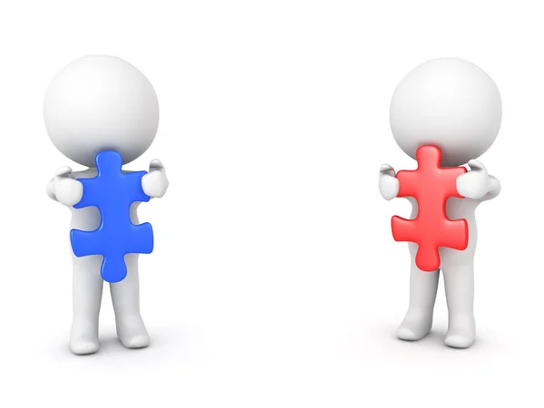 Dos personajes 3D que sostienen piezas de rompecabezas rojas y azules — Foto de Stock