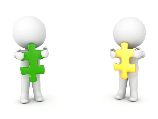 Två 3d-tecken holding grön och gul pusselbitar — Stockfoto
