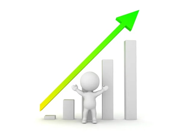 3D Character with his arms raised with graph showing success beh — Stock Photo, Image