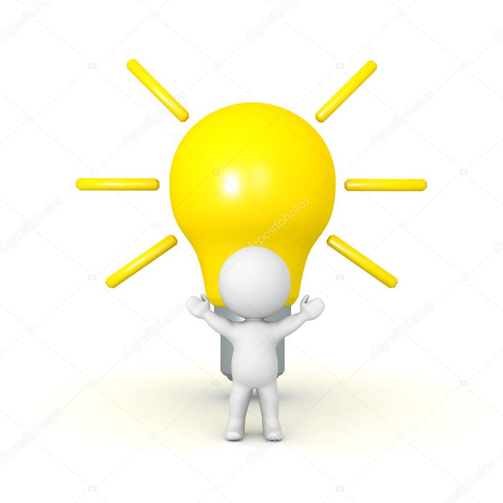  3D Character with a large bright light bulb behind him