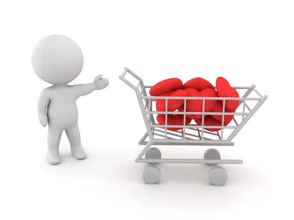 Personagem 3D mostrando um carrinho de compras cheio de corações — Fotografia de Stock