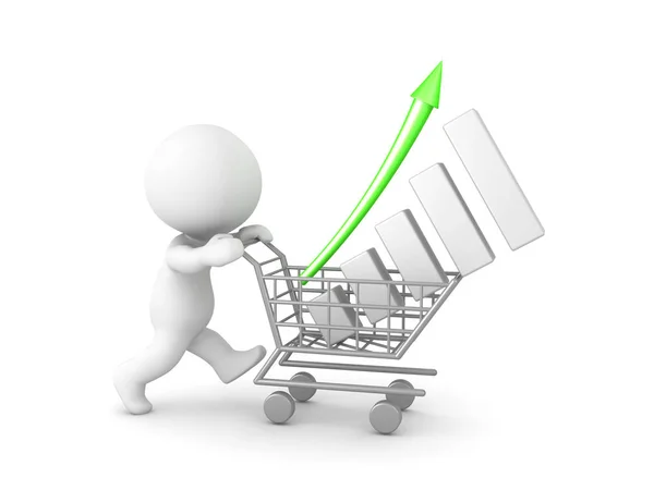 Personagem 3D empurrando um carrinho de compras com um gráfico financeiro em i — Fotografia de Stock