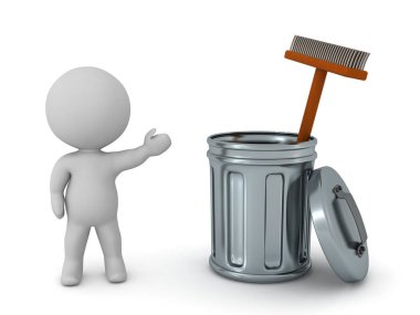 Süpürge ile 3D karakter gösteren çöp kovası