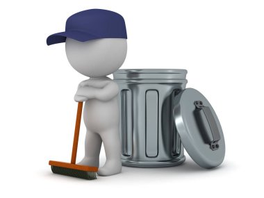 3D karakter hademe çöp tenekesi ve süpürge ile