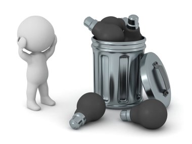 3D karakter ve çöp tenekesi ile karanlık Işık Ampüller