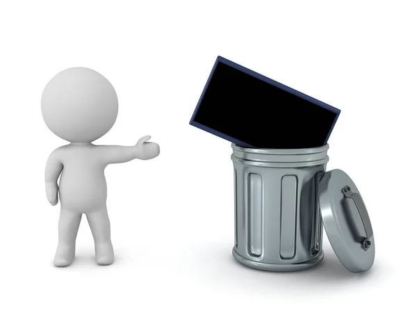 3D Character Showing HDTV in Trash Can — Stock Photo, Image