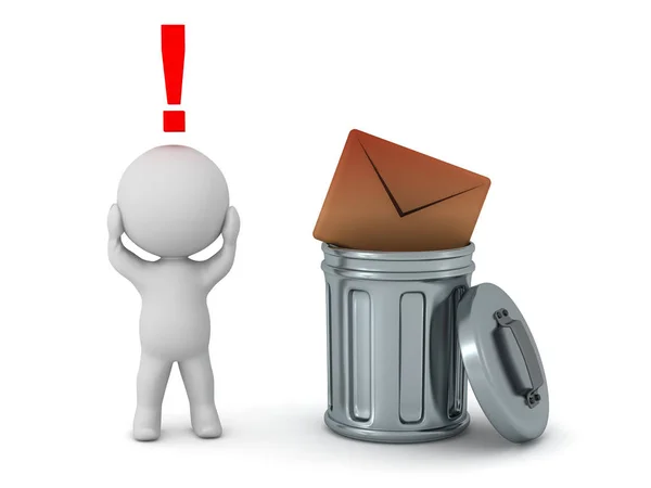Personagem 3D estressado com carta de spam na lata de lixo — Fotografia de Stock