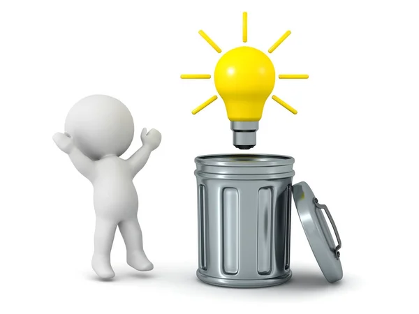 3D Character Finds a Light Bulb Idea Inside Trash Can — Stock Photo, Image