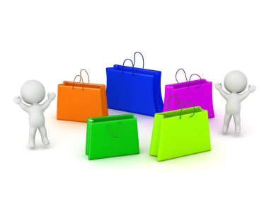 Renkli alışveriş torbaları ile 3D karakterler