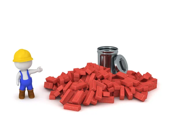 3D χαρακτήρα με το σωρό των τούβλων και σκουπίδια μπορεί να — Φωτογραφία Αρχείου
