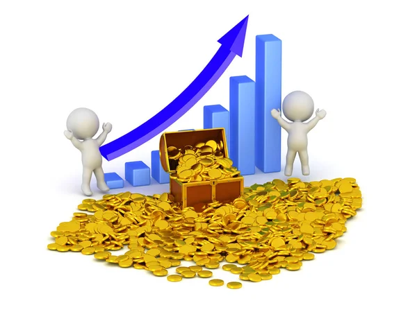 Happy 3D Characters with Piles of Gold Coins and Profit Chart — Stock Photo, Image