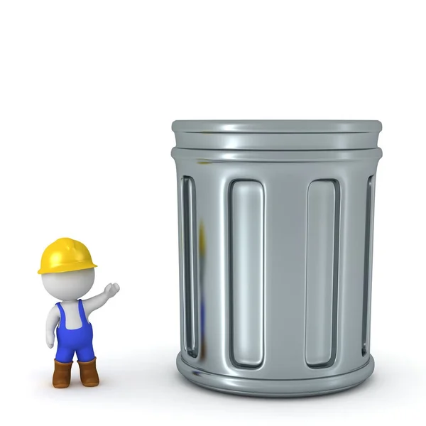 3D персонаж в жесткой шляпе, показывающий большой мусорный бак — стоковое фото