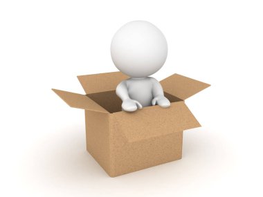 3d karakter bir karton kutu içinde oturan
