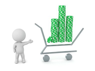 Alışveriş sepeti Casino fişleri ile gösterilen 3d karakter